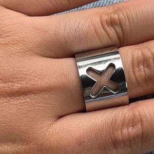Silver Stainless Steel Cut Out X Wide Band Ring Cybercore Streetwear Unisex NWT